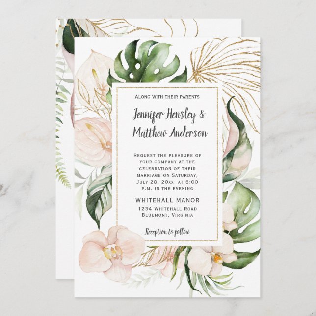 Blush Pink Floral Gold Frame Tropical Wedding Invitation (Front/Back)