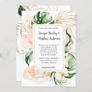 Blush Pink Floral Gold Frame Tropical Wedding Invitation