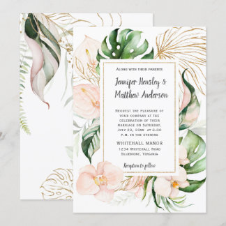 Blush Pink Floral Gold Frame Tropical Wedding Invitation