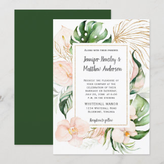 Blush Pink Floral Gold Frame Tropical Wedding Invitation