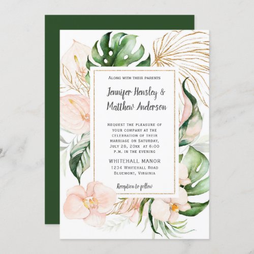 Blush Pink Floral Gold Frame Tropical Wedding Invitation