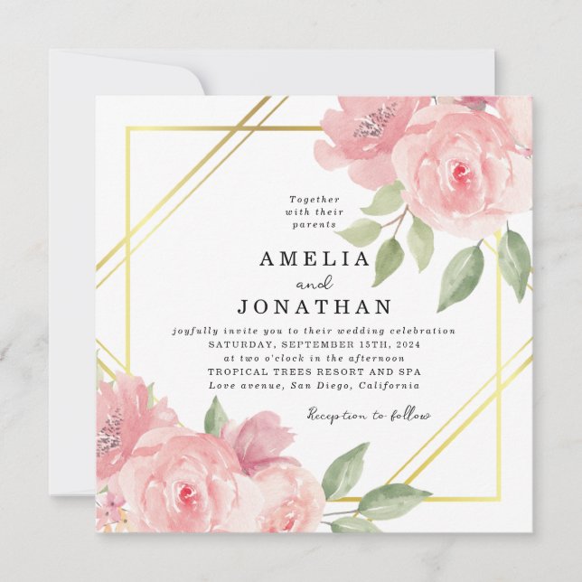Blush Pink Floral Gold Frame Wedding Invitation (Front)