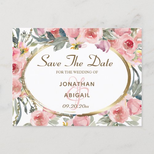 Blush Pink Floral Gold Frame Wedding Save the Dave Announcement Postcard