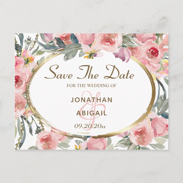 Blush Pink Floral Gold Frame Wedding Save the Dave Announcement Postcard (Front)
