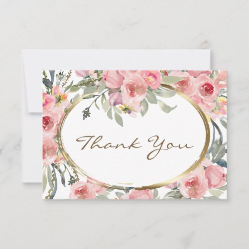 Blush Pink Floral Gold Frame Wedding Thank You Card