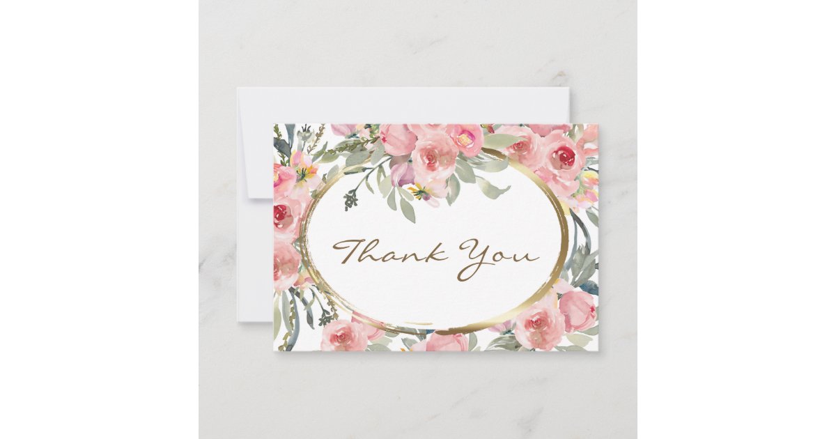 Blush Pink Floral Gold Frame Wedding Thank You Card | Zazzle