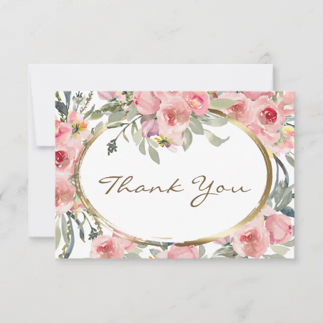 Blush Pink Floral Gold Frame Wedding Thank You Card 