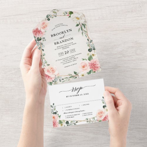 Blush Pink Floral Gold Geometric Botanical Wedding All In One Invitation