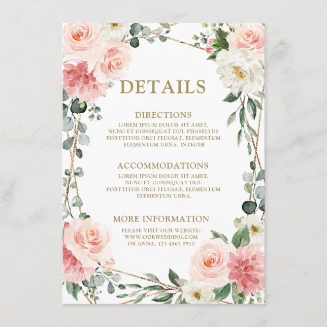Blush Pink Floral Gold Geometric Botanical Wedding Enclosure Card | Zazzle