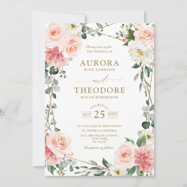 Blush Pink Floral Gold Geometric Botanical Wedding Invitation (Front)
