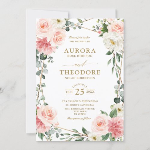 Blush Pink Floral Gold Geometric Botanical Wedding Invitation