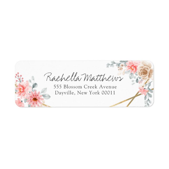 Blush Pink Floral Gold Geometric Botanical Wedding Label (Front)
