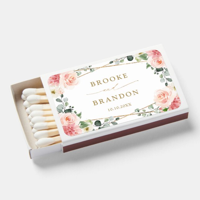 Blush Pink Floral Gold Geometric Botanical Wedding Matchboxes (Front Open)