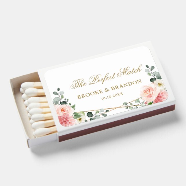 Blush Pink Floral Gold Geometric Botanical Wedding Matchboxes (Front Open)