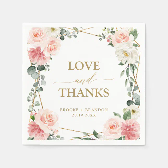 Blush Pink Floral Gold Geometric Botanical Wedding Napkins | Zazzle