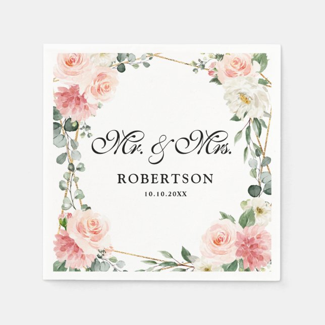 Blush Pink Floral Gold Geometric Botanical Wedding Napkins (Front)