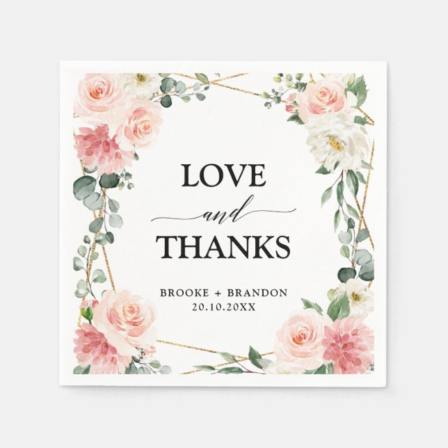 Blush Pink Floral Gold Geometric Botanical Wedding Napkins (Front)