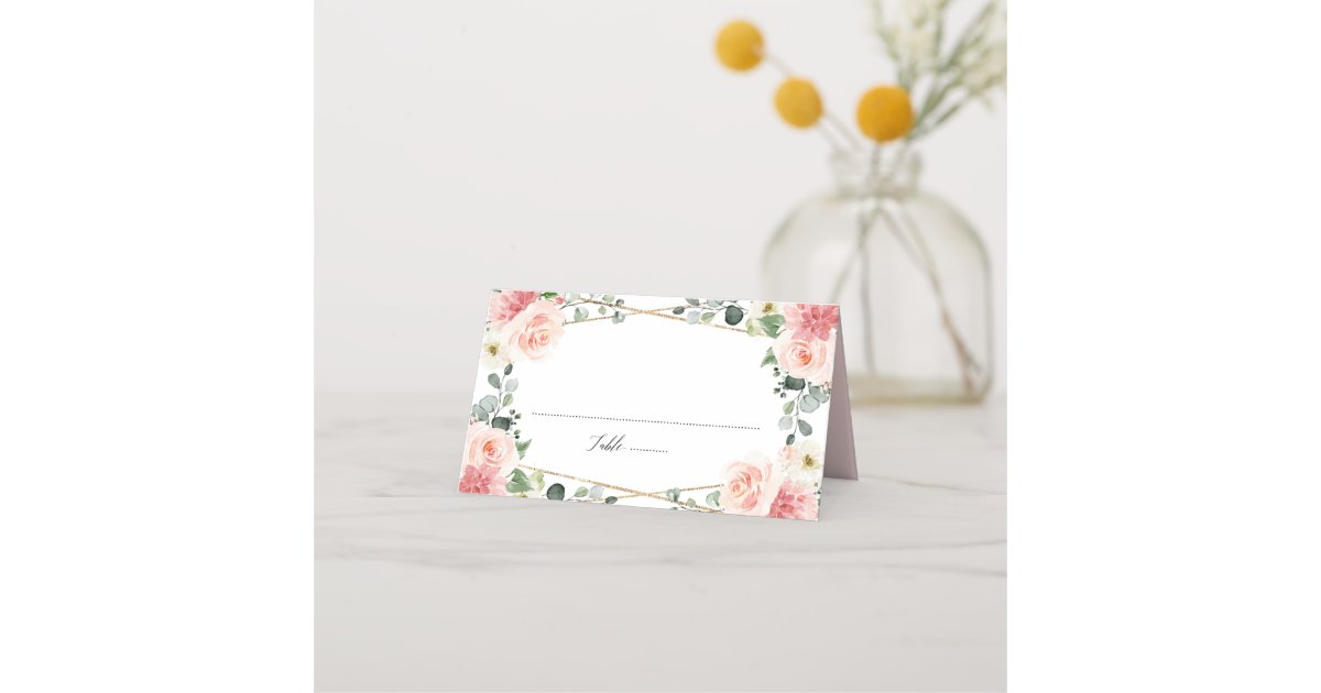 Blush Pink Floral Gold Geometric Botanical Wedding Place Card | Zazzle