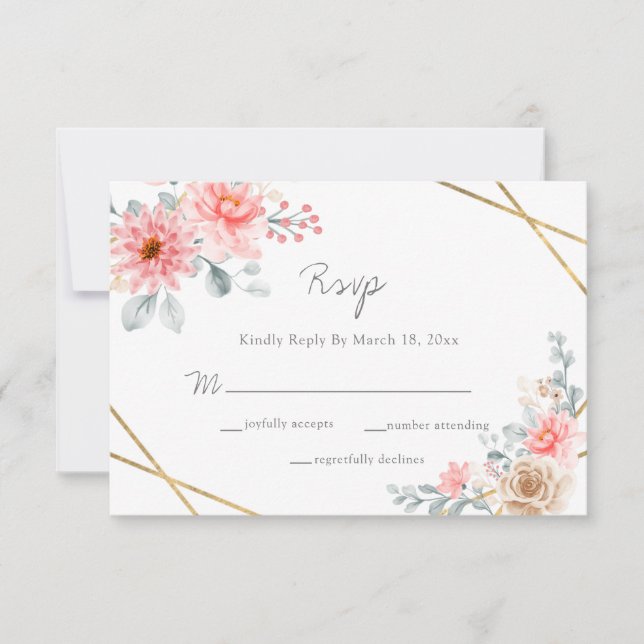 Blush Pink Floral Gold Geometric Botanical Wedding RSVP Card (Front)