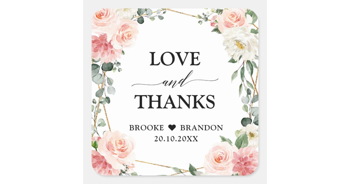 Blush Pink Floral Gold Geometric Botanical Wedding Square Sticker | Zazzle