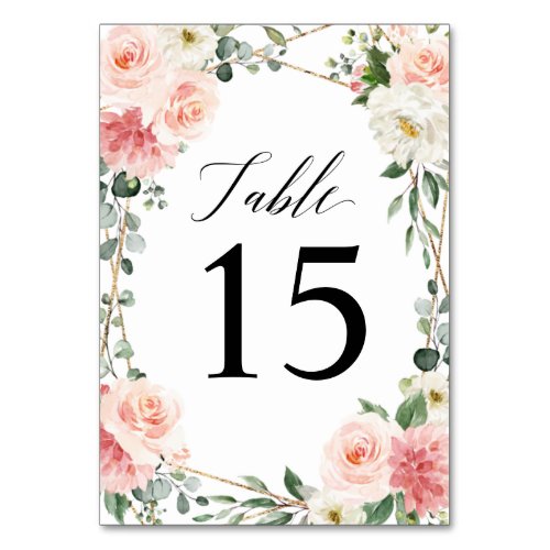 Blush Pink Floral Gold Geometric Botanical Wedding Table Number