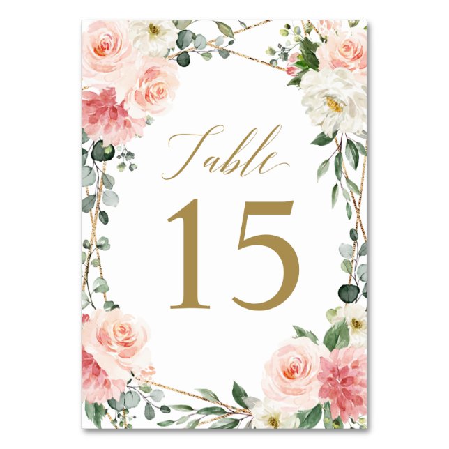 Blush Pink Floral Gold Geometric Botanical Wedding Table Number (Front)
