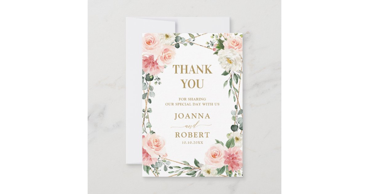 Blush Pink Floral Gold Geometric Botanical Wedding Thank You Card | Zazzle