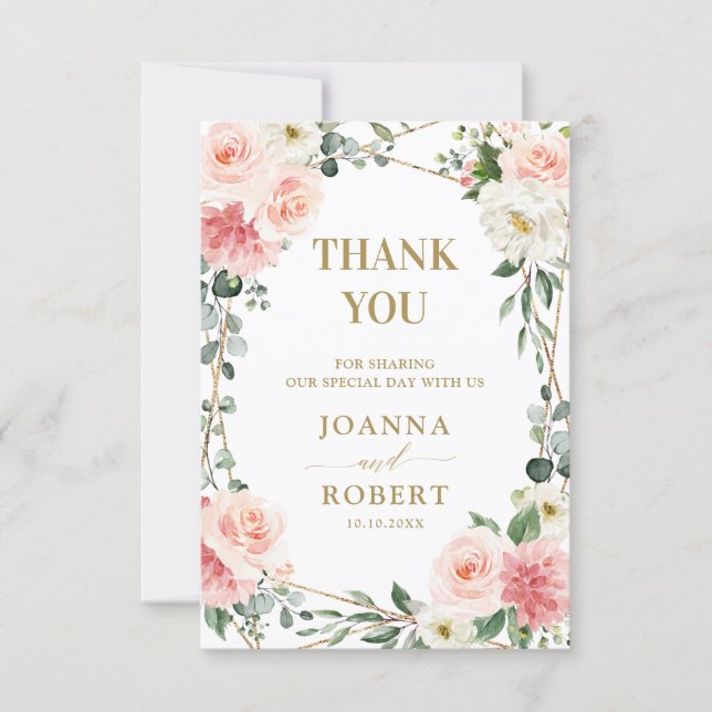 Blush Pink Floral Gold Geometric Botanical Wedding Thank You Card (Front)