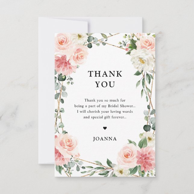 Blush Pink Floral Gold Geometric Botanical Wedding Thank You Card (Front)
