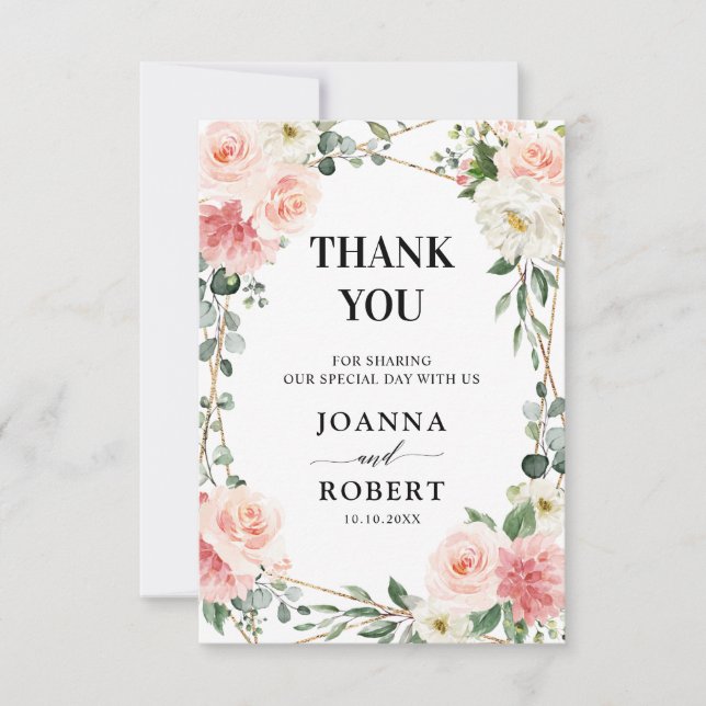 Blush Pink Floral Gold Geometric Botanical Wedding Thank You Card (Front)