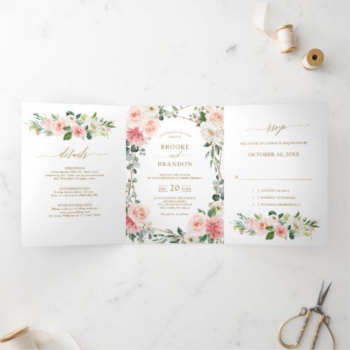 Blush Pink Floral Gold Geometric Botanical Wedding Tri_Fold Announcement