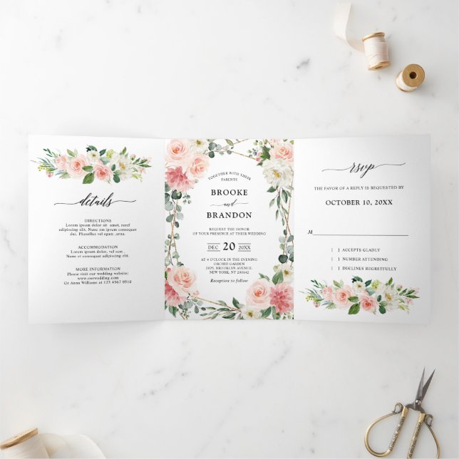 Blush Pink Floral Gold Geometric Botanical Wedding Tri-Fold Announcement (Inside)