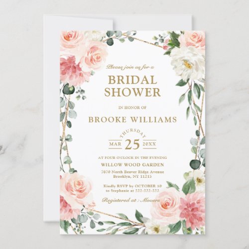 Blush Pink Floral Gold Geometric Bridal Shower Inv Invitation