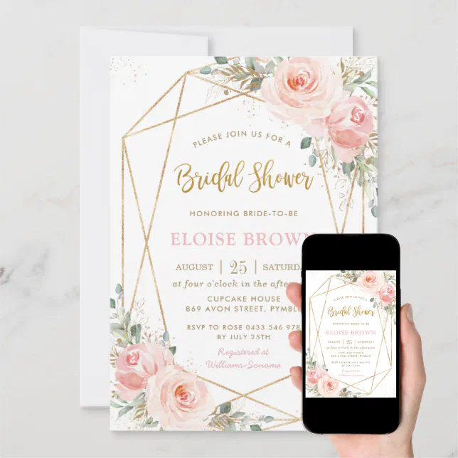 Blush Pink Floral Gold Geometric Bridal Shower Invitation Zazzle