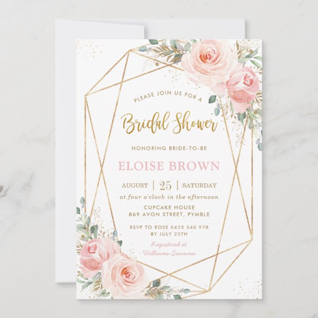 Blush Pink Floral Gold Geometric Bridal Shower Invitation (Front)