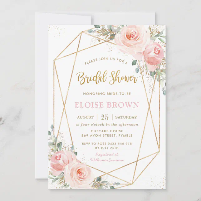 Blush Pink Floral Gold Geometric Bridal Shower Invitation | Zazzle