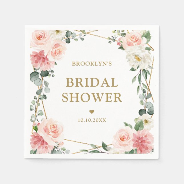 Blush Pink Floral Gold Geometric  Bridal Shower Na Napkins (Front)