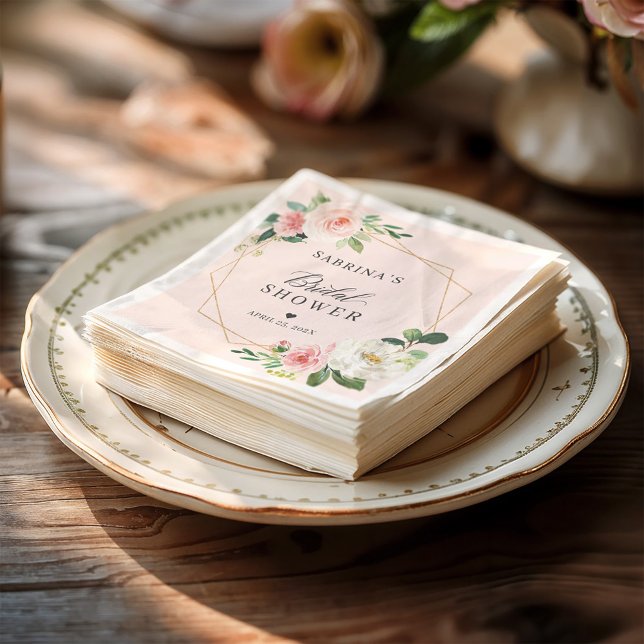 Blush Pink Floral Gold Geometric Bridal Shower Napkins (Creator Uploaded)