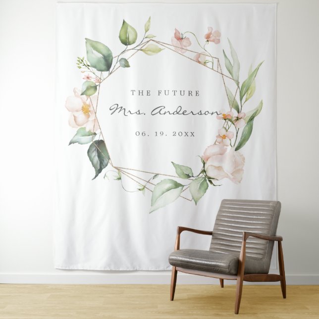 Blush Pink Floral Gold Geometric Bridal Shower Tapestry (In Situ)