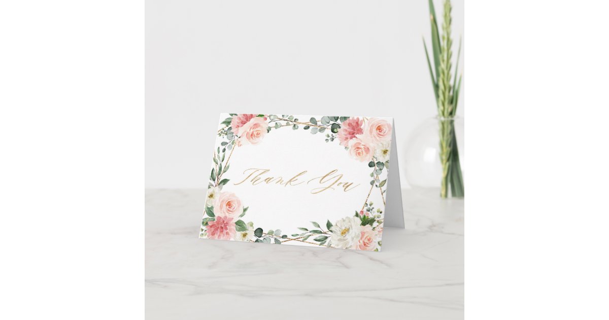 Blush Pink Floral Gold Geometric Bridal Shower Tha Thank You Card | Zazzle