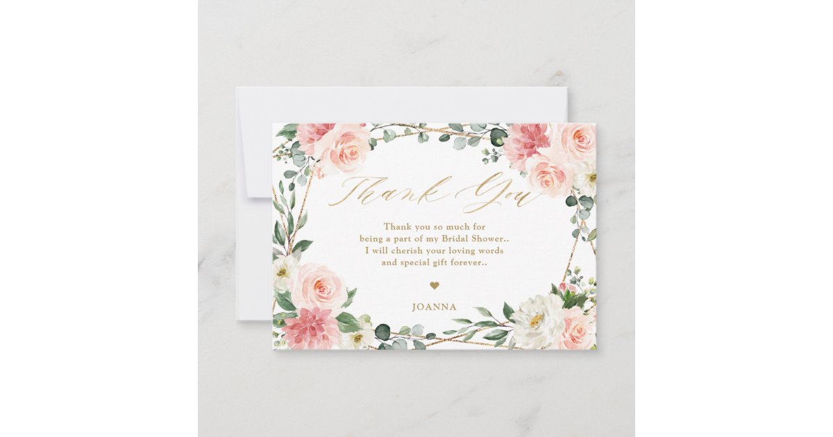 Blush Pink Floral Gold Geometric Bridal Shower Tha Thank You Card | Zazzle