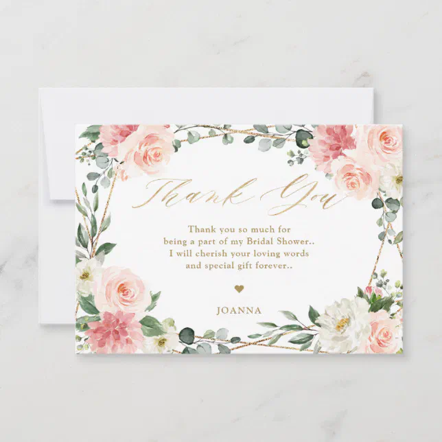 Blush Pink Floral Gold Geometric Bridal Shower Tha Thank You Card | Zazzle