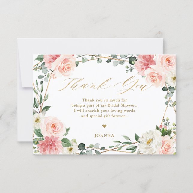 Blush Pink Floral Gold Geometric Bridal Shower Tha Thank You Card (Front)