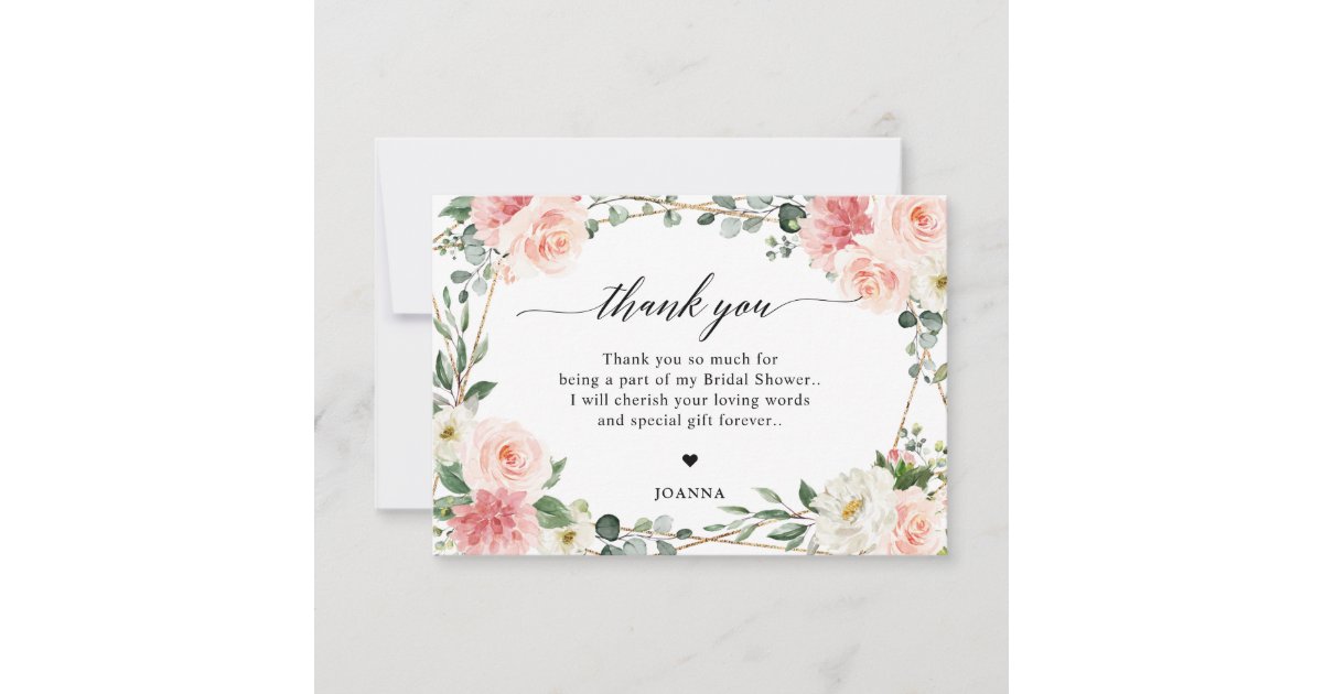 Blush Pink Floral Gold Geometric Bridal Shower Thank You Card | Zazzle