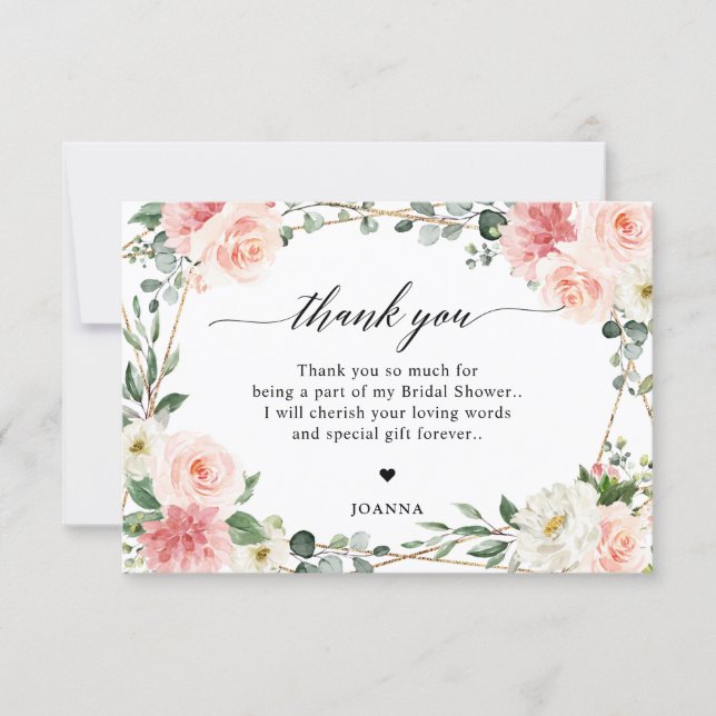 Blush Pink Floral Gold Geometric Bridal Shower Thank You Card (Front)
