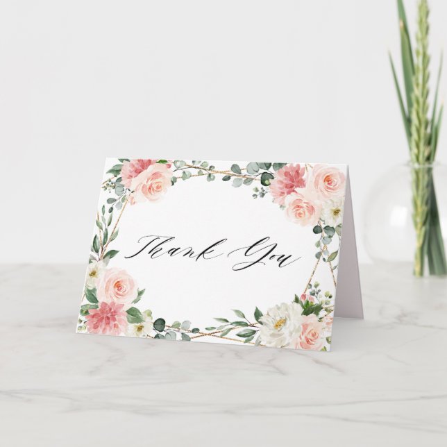Blush Pink Floral Gold Geometric Bridal Shower Thank You Card (Front)