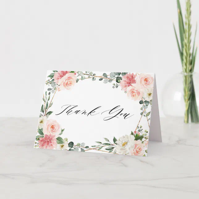 Blush Pink Floral Gold Geometric Bridal Shower Thank You Card | Zazzle