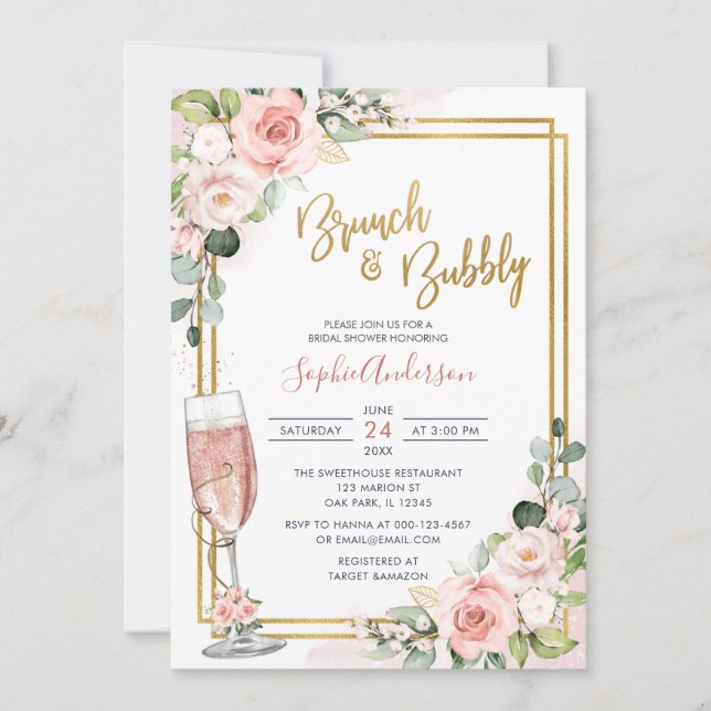 Blush Pink Floral Gold Geometric Brunch And Bubbly Invitation (Front)