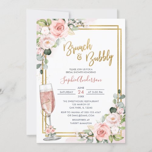 Blush Pink Floral Gold Geometric Brunch And Bubbly Invitation
