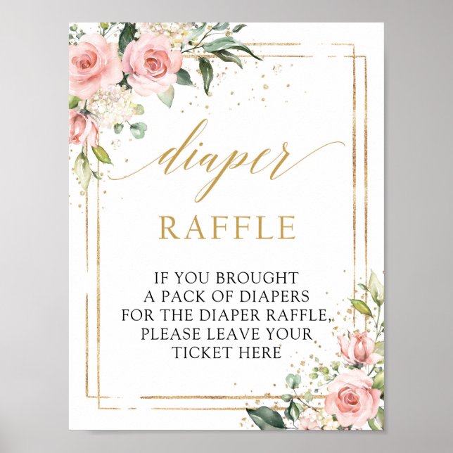Blush pink floral gold geometric Diaper Raffle  Poster (Front)